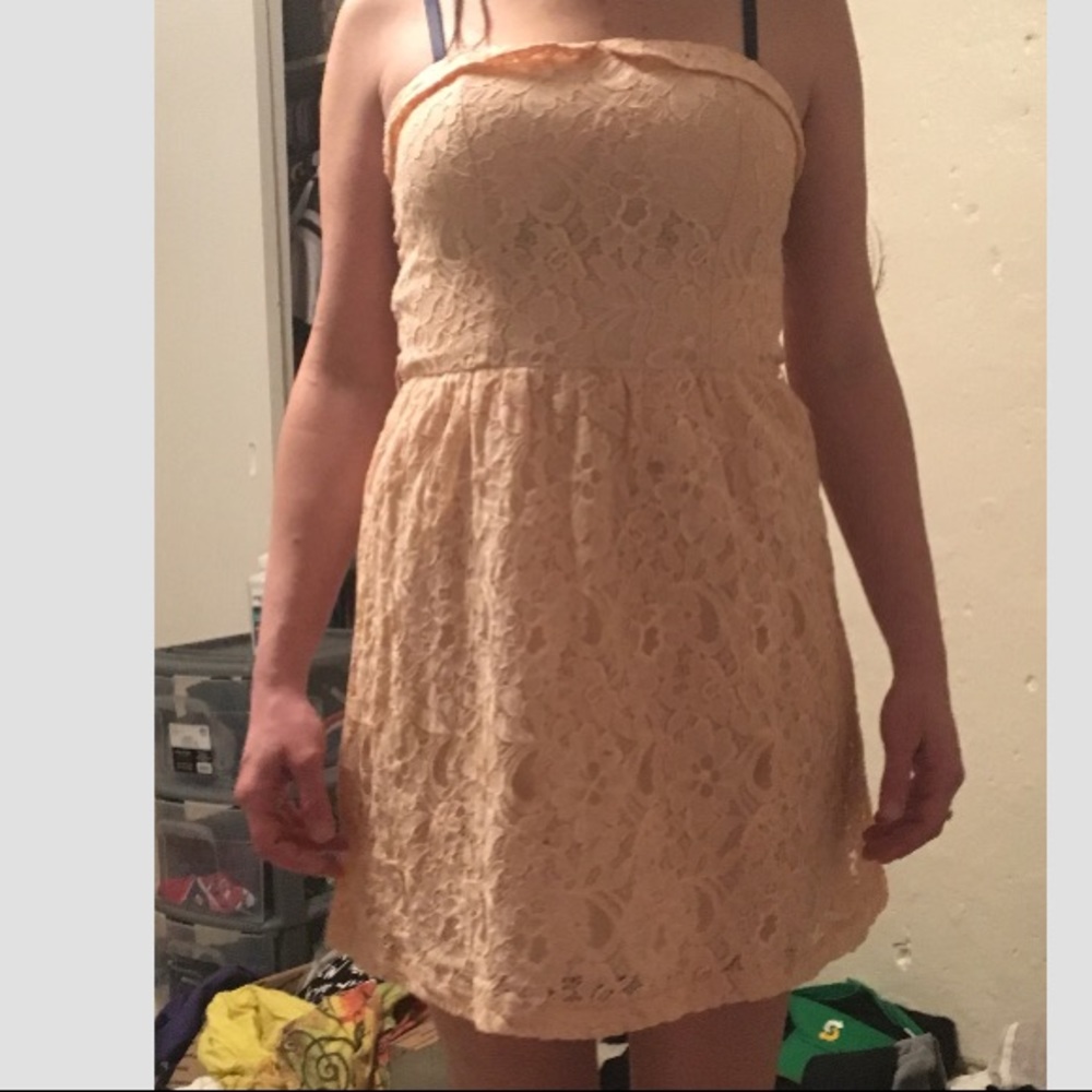 Strapless coral lace dress